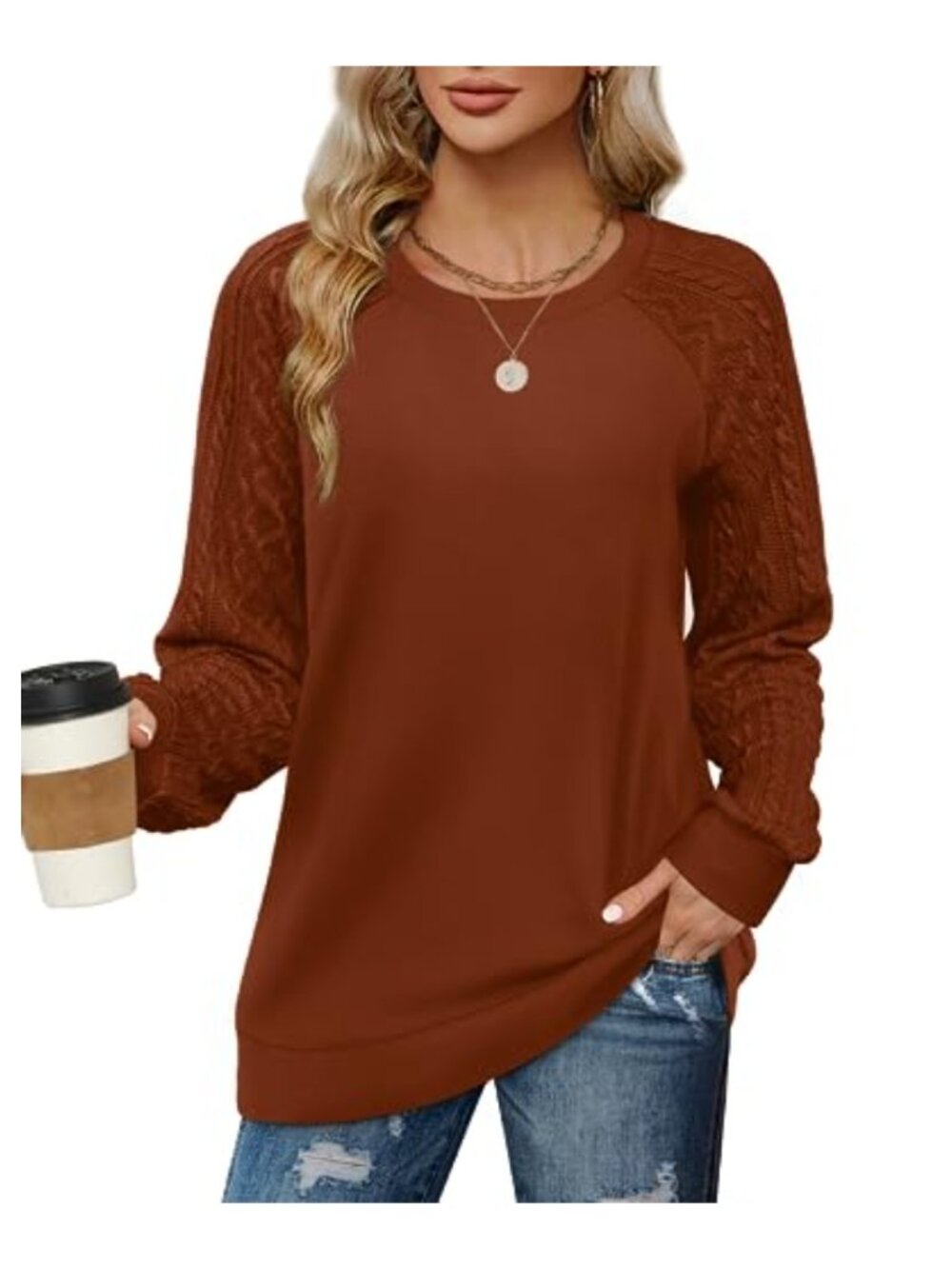 Cable Knit Sleeve Crewneck Sweatshirt Pullover Loose Fall Layering Top